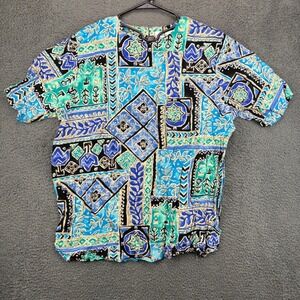 Fitting Image Women 18W Blue Teal Black Geometric Short Sleeve Button Up Shirt